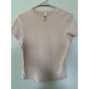 SKIMS Pointelle Logo T-shirt Women’s Large Pink Y2K Short Sleeve Stretch Tee